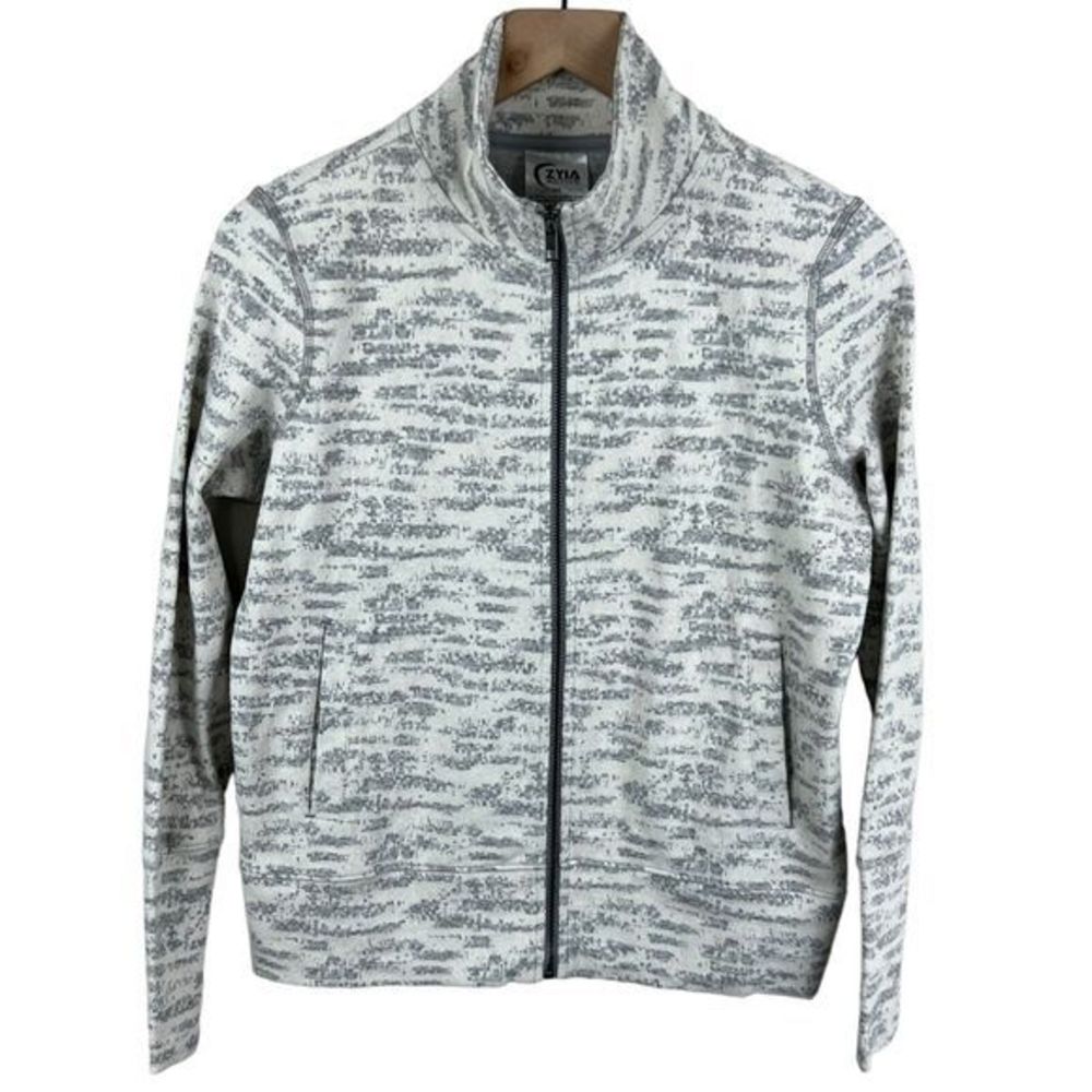 Zyia Active Womens Gray Cream Patterned Long‎ Sleeve Full Zip Athletic Jacket XS